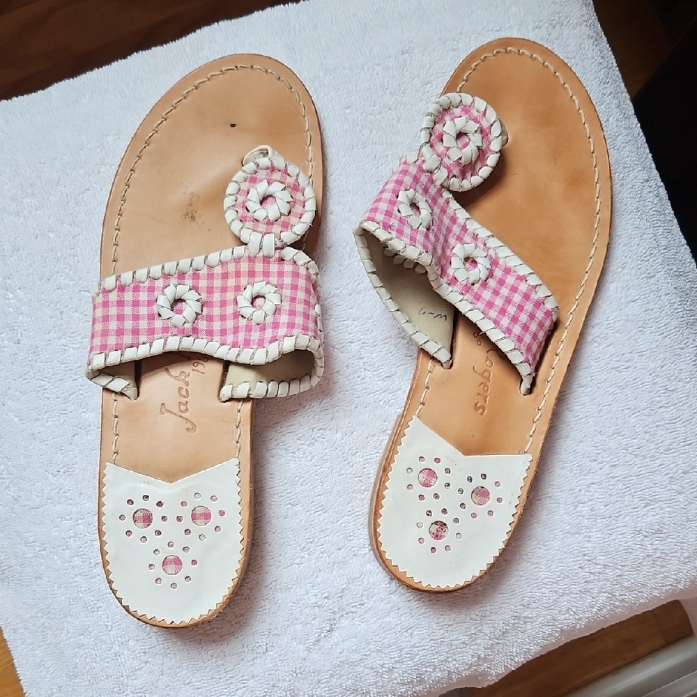 Jack Rogers Pink and White Sandals with Gingham Bow Size 6